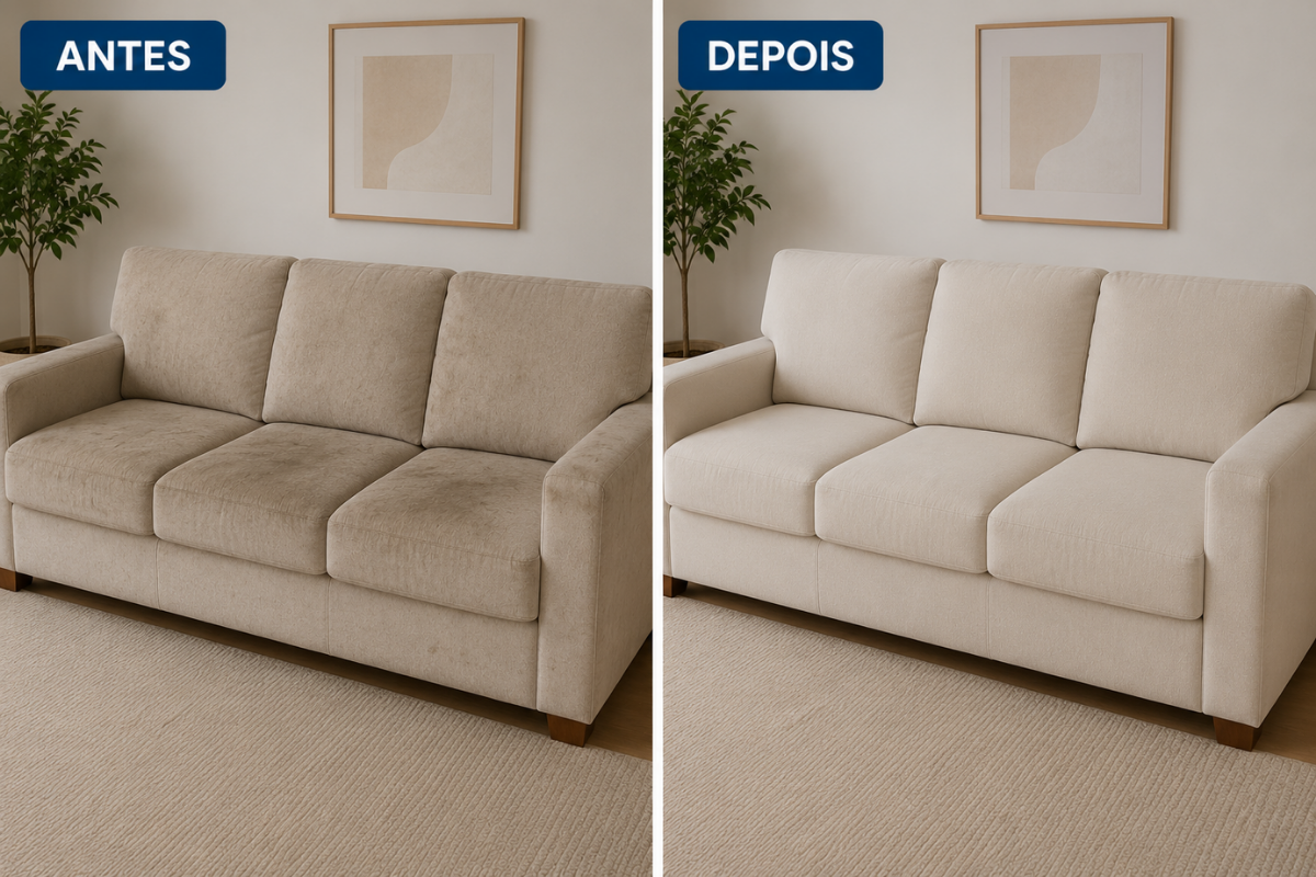 Sofá antes e depois da higienização