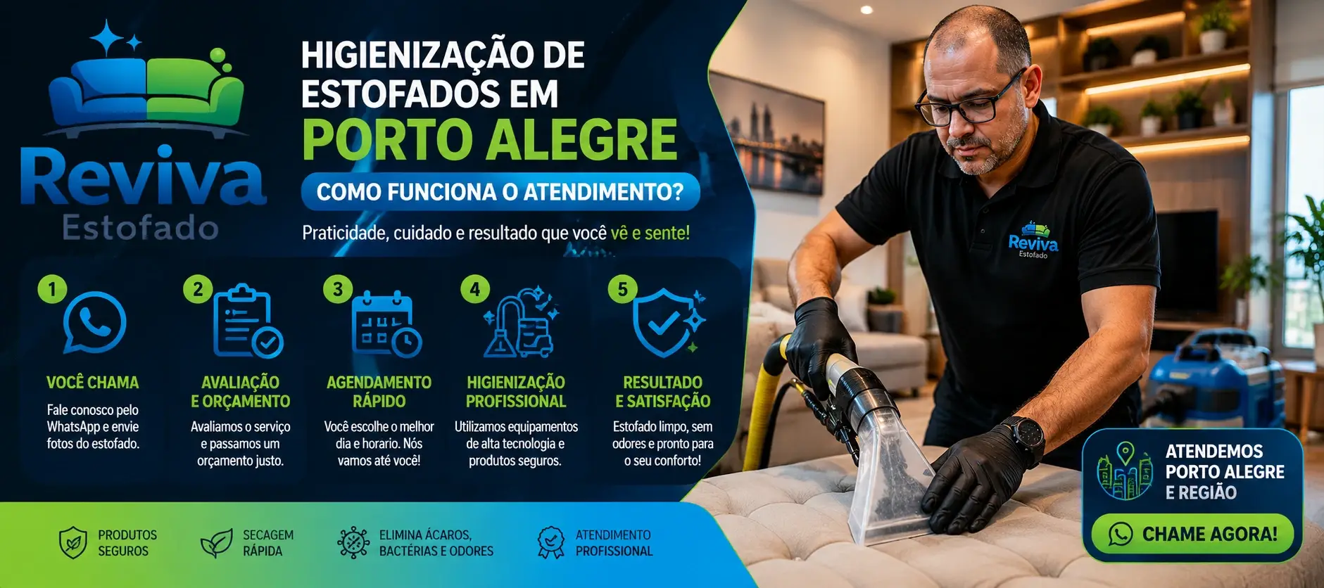 Profissional realizando higienização de estofados em Porto Alegre